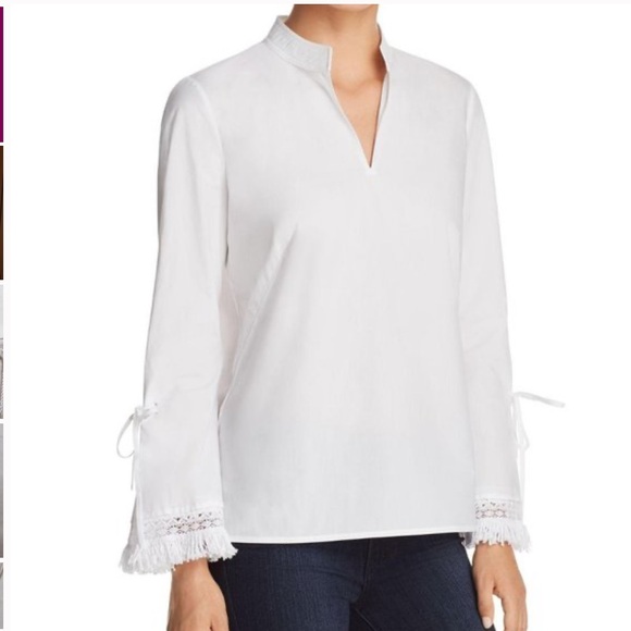 Tory Burch Sophie Fringe-Trim Bell Sleeve Top White Size 6 Designer Cloud Dancer - Picture 4 of 15